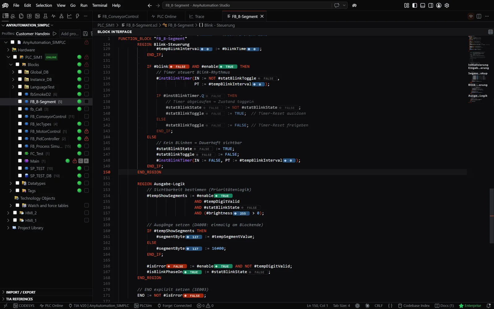 AnyAutomation Studio: Live-Werte im SCL-Baustein-Editor