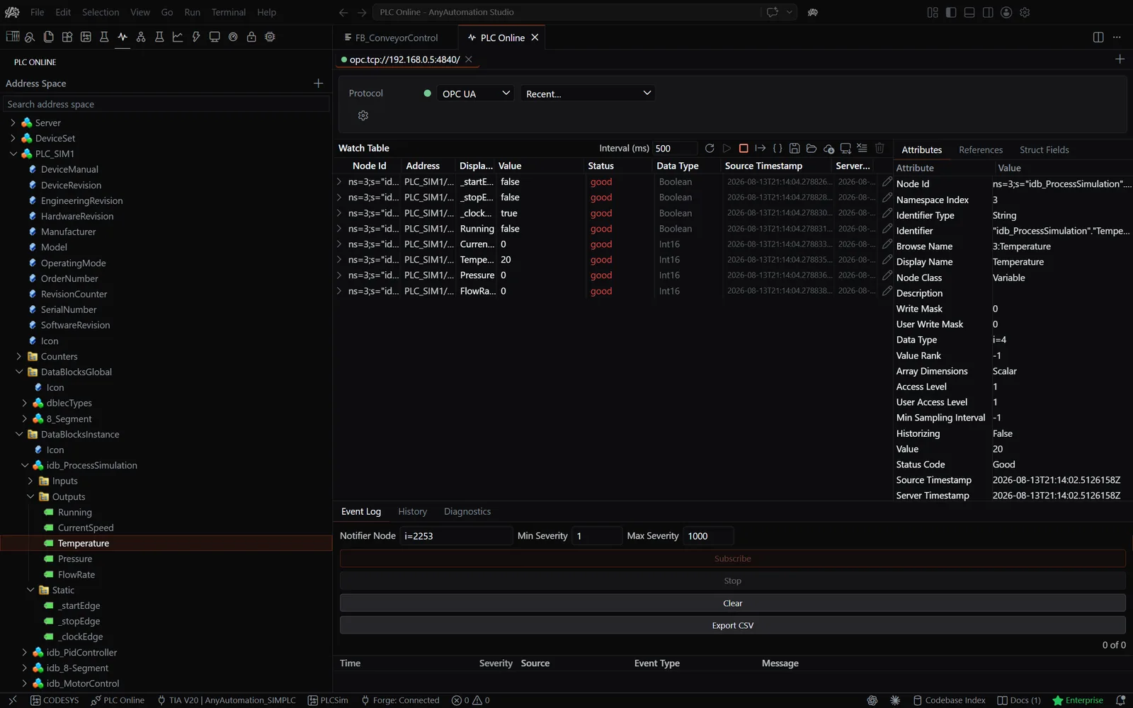 AnyAutomation Studio: OPC UA Client mit Beobachtungstabelle